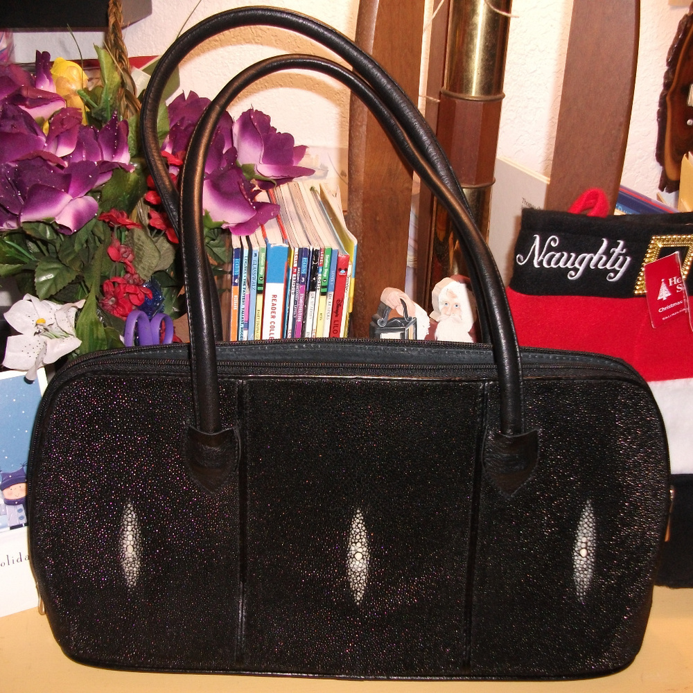 100% GENUINE SHAGREEN STINGRAY BLACK Handbag Purse